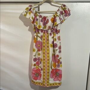 Trina Turk Pink and Red Ruffled Off-Shoulder Midi Sundress